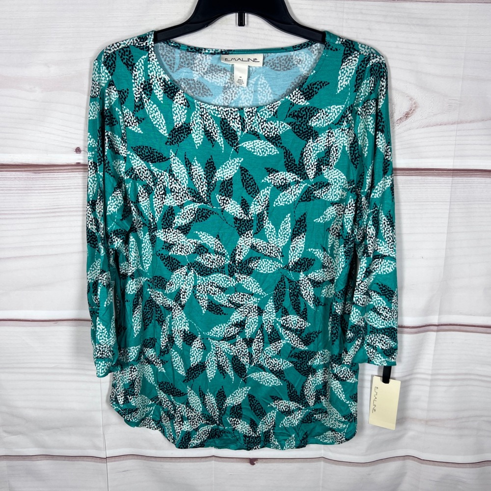 Emaline Top Womens M Green Leaf Print Rayon Spandex Stretch Casual Blouse Office